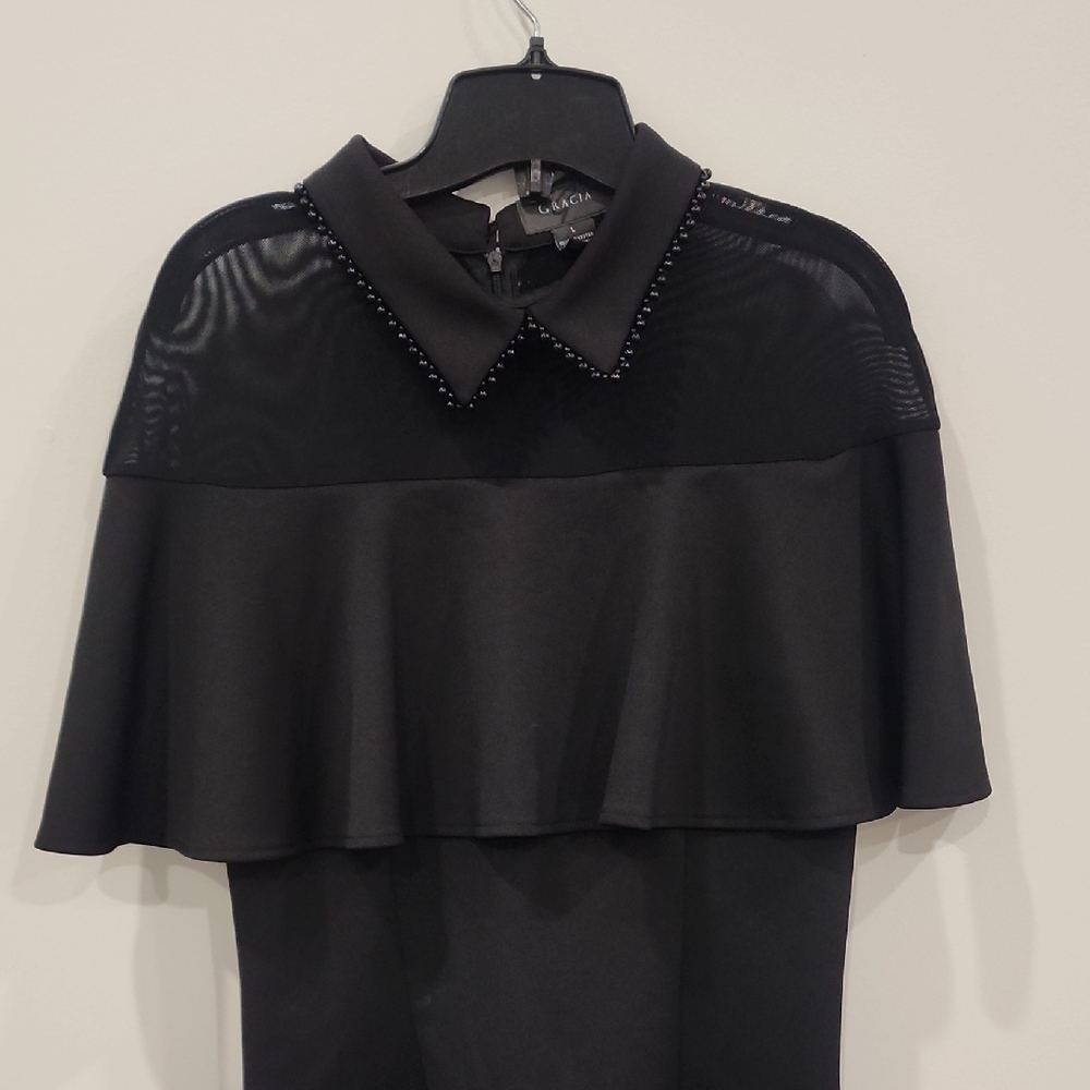 Gracia Black Cape-Style Top with Beaded Collar